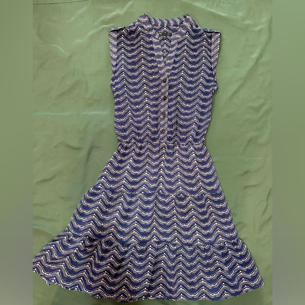 GAP Sheer Print Dress Blue/Cream Printed Pleated Sleeveless Fit Flare Sz XS, EUC